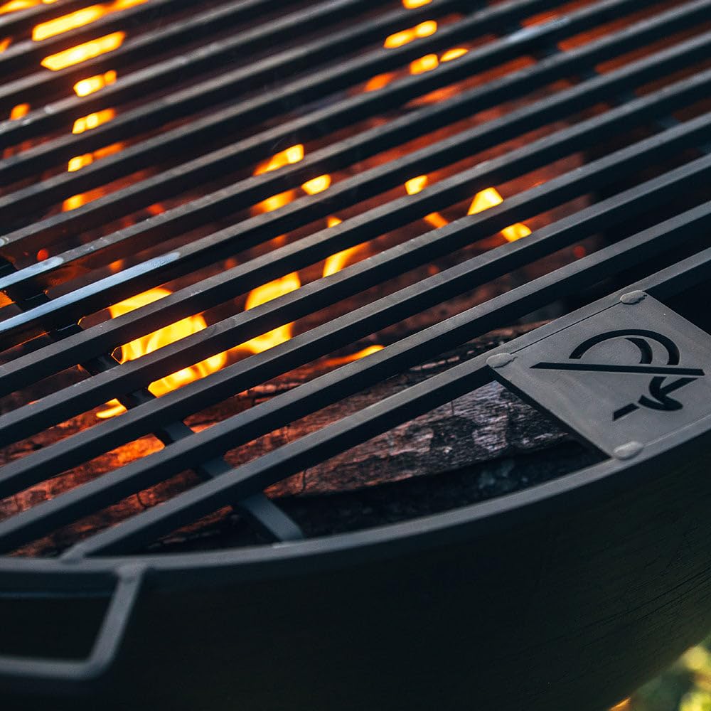 Ash & Ember 30" Cast Iron Cauldron Fire Pit Bowl with Double Hinged Grill Grate-Easy-Lift Handles & Handing Chain