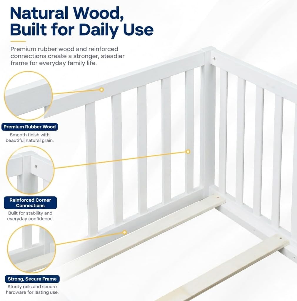 Montessori Floor Bed with High Safety Fence, Solid Rubber Wood Kids Floor Bed Frame with Guardrails and 6