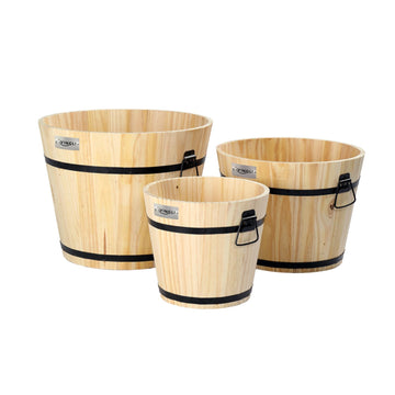 3 PCS Large Wooden Planter Barrel Set, 11.5"(Dia)- 18"(Dia), Real Wood Flower Pot with Drainage Holes, Different
