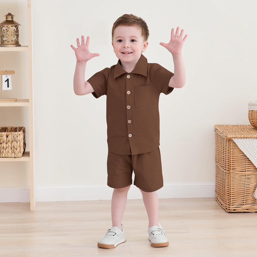 Toddler Baby Boy Summer Clothes Cotton Linen Short Sleeve Solid Button Down Shirt Shorts Set Outfits with Pockets