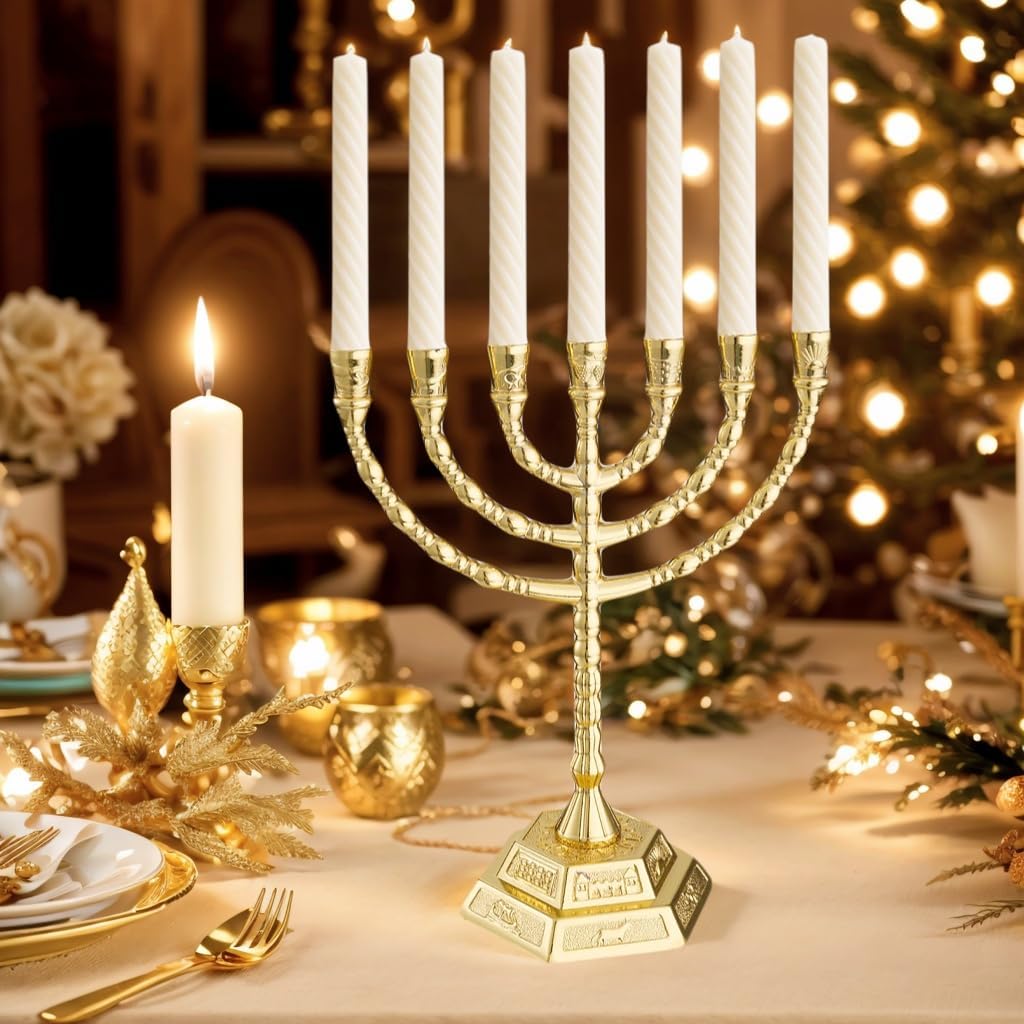 Large 7 Branch Hanukkah Gold Plated Jewish Menorahs Candle Holder
