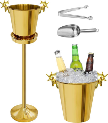 Ice Bucket with Stand,Gold Stainless Steel Champagne Ice Bucket,Deer Head Handle Wine Chiller Bucket for Christmas