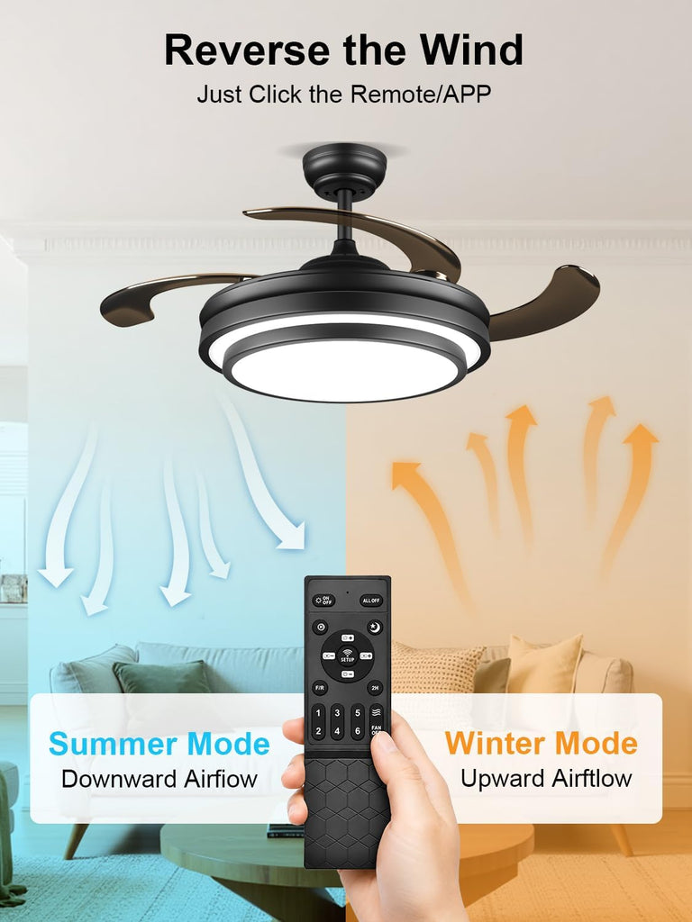 42 Inch Black Modern Ceiling Fan with Lights and APP Control,Retractable Fandelier Celing Fan with Light, 6