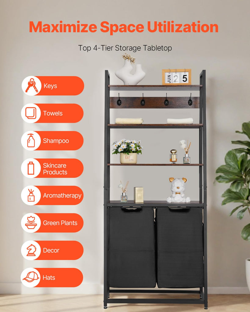 4 Tiers Laundry Sorter, Tall Laundry Hamper with Shelves and Hooks, 2 Section Freestanding Basket Organizer Storage