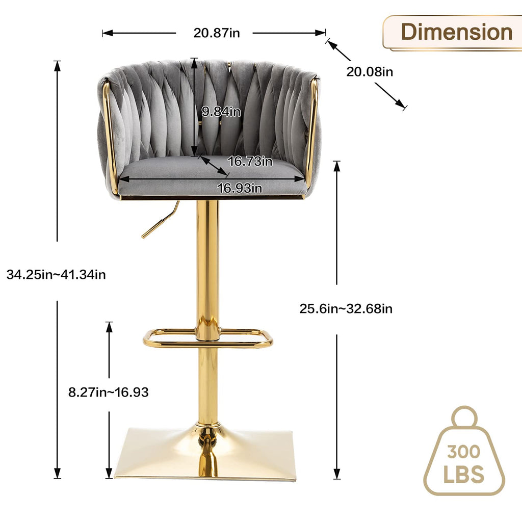 Swivel Velvet Bar Stool Set of 2, Adjustable Comfy Counter Height Barstool, Modern Dining Chair with Woven Back