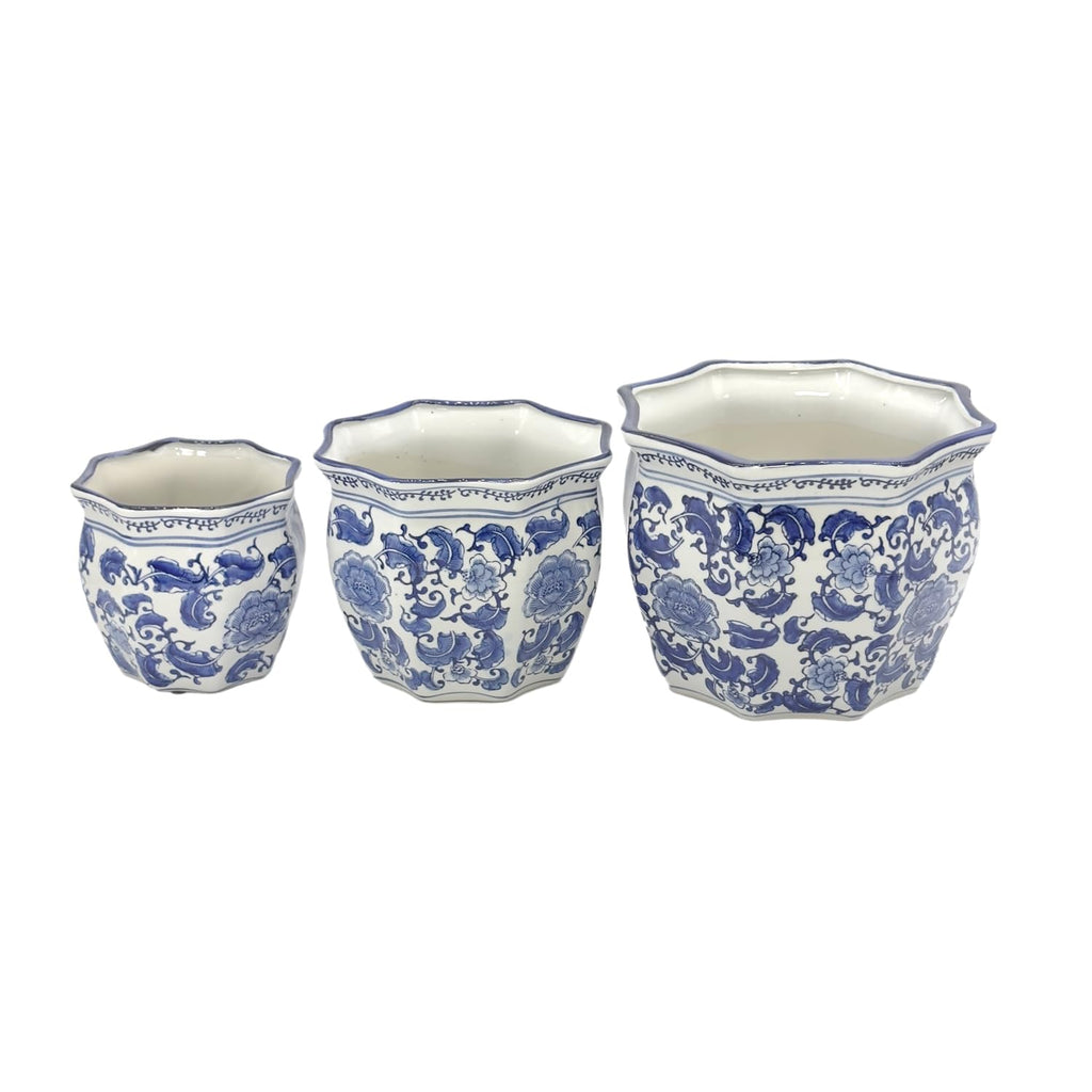 Blue & White Round Fluted Classic Floral Porcelain Ceramic Plant Flower Planter Pot Set of 3 (7.5", 10", 13") Garden
