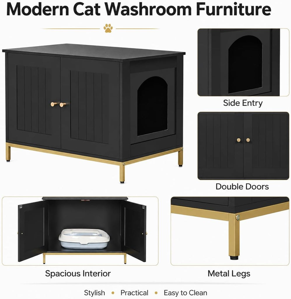 28.3" L Cat Litter Box Enclosure with Metal Frame, Black and Gold