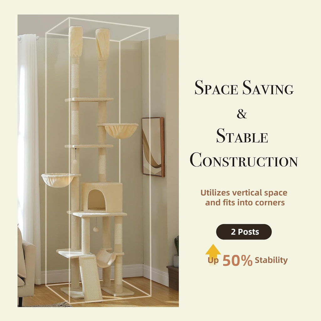 Floor to Ceiling Cat Tree, 85-112" Tall Cat Tower with Dual Posts
