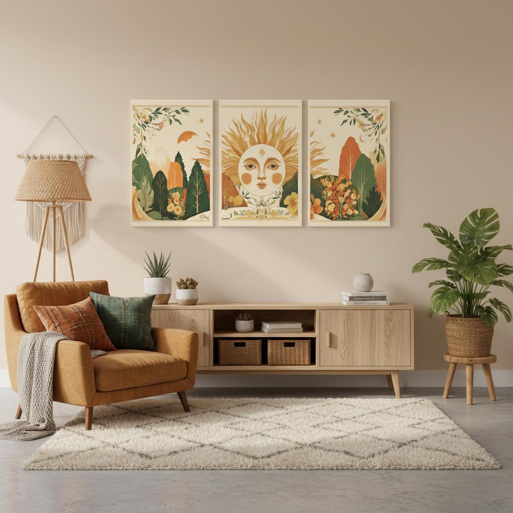 3Pcs Boho Sun Forest Canvas Wall Art, Boho Mountain Wall Decor