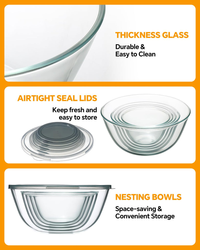 Glass Mixing Bowls with Lids Set of 5(4.78QT,2.2QT,1.7QT,1.1QT,0.85QT),Thick Glass Nesting Bowls Baking,Cooking