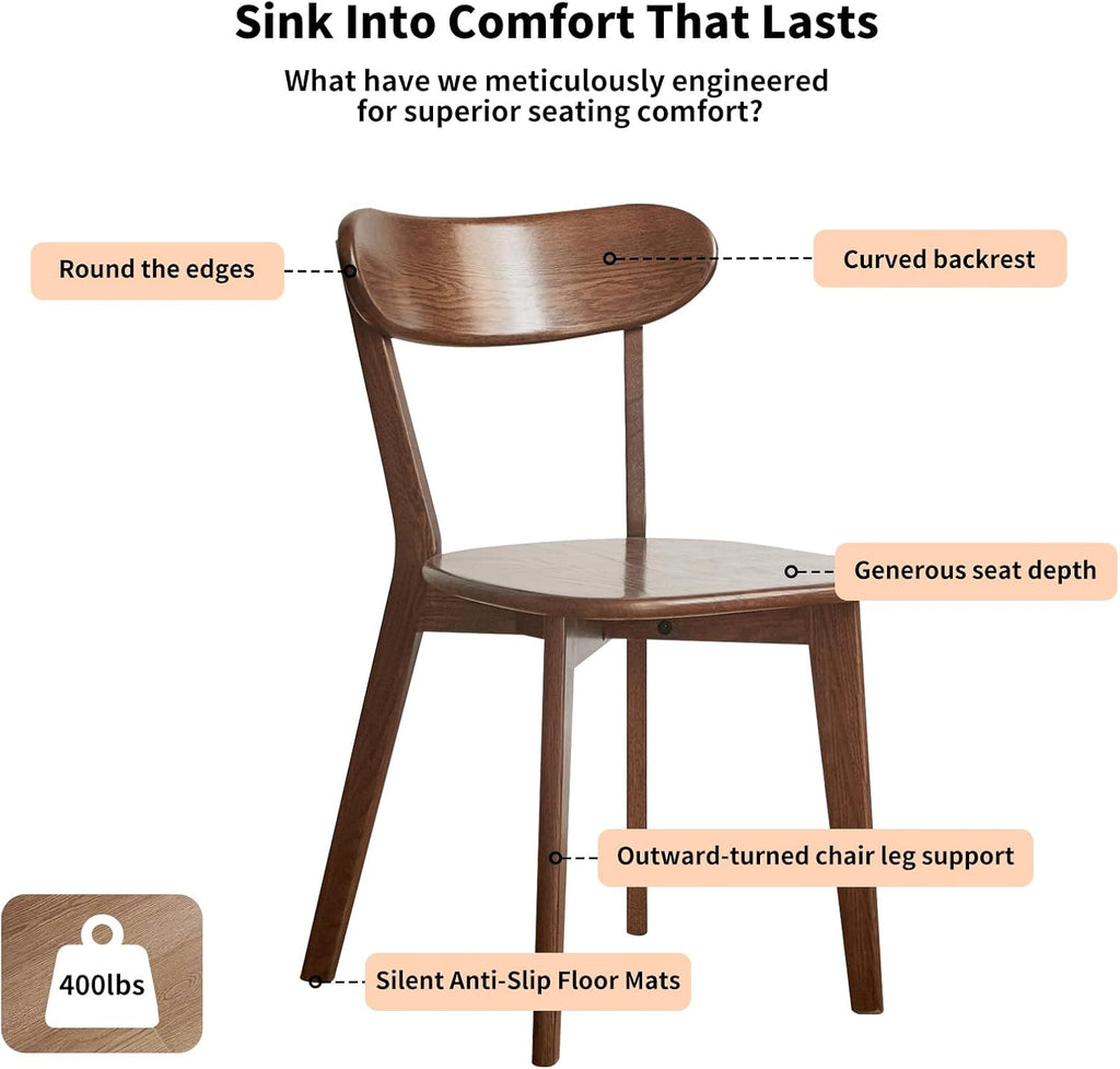 Mid Century Modern Walnut Dining Chairs Set of 4, FAS-Grade Solid Oak All Hardwood Frame, Armless & Curved Back