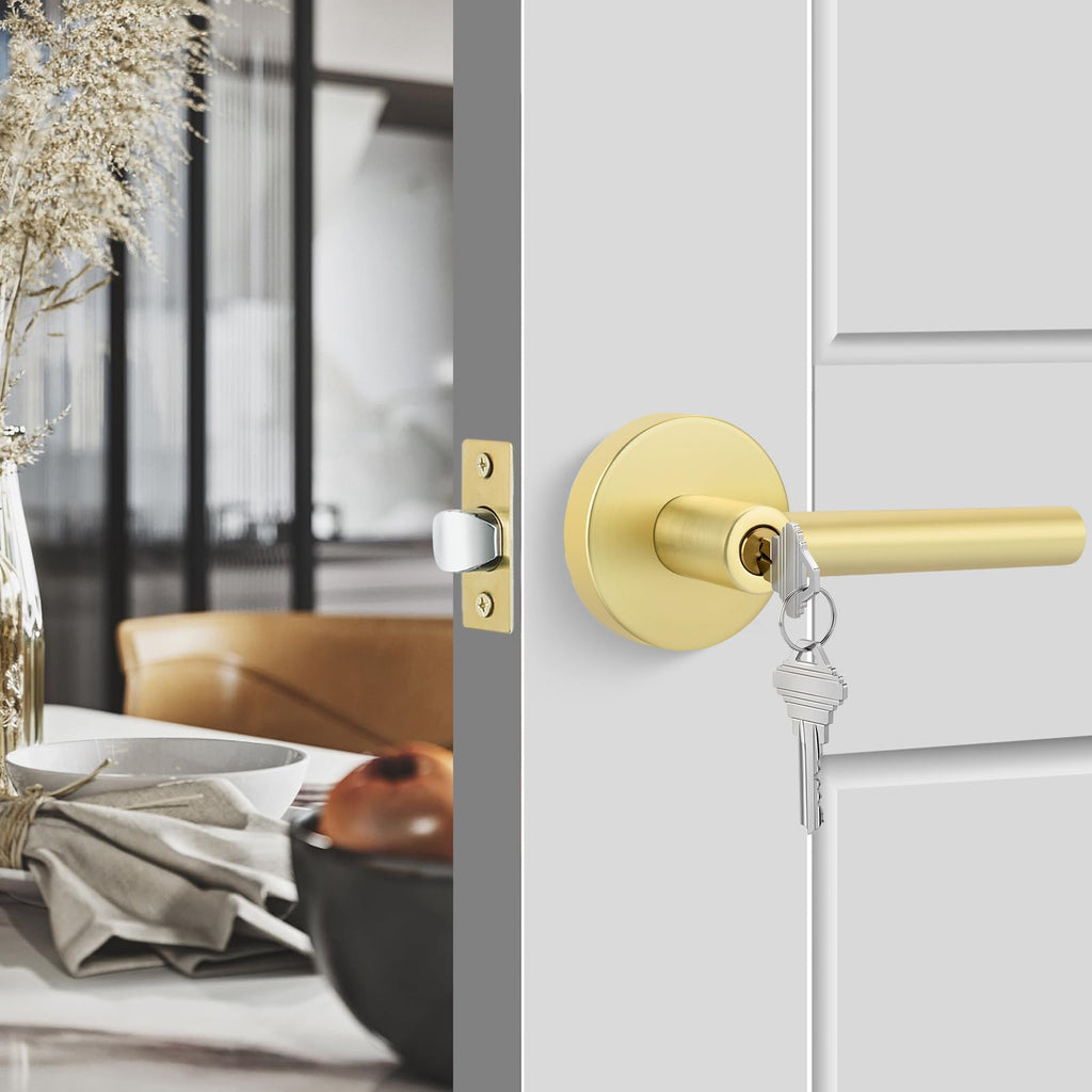 Entry Door Handle with Lock and Key, Zinc Alloy Heavy Duty Gold Exterior Door Handle, Keyed Door Lever with Locks and
