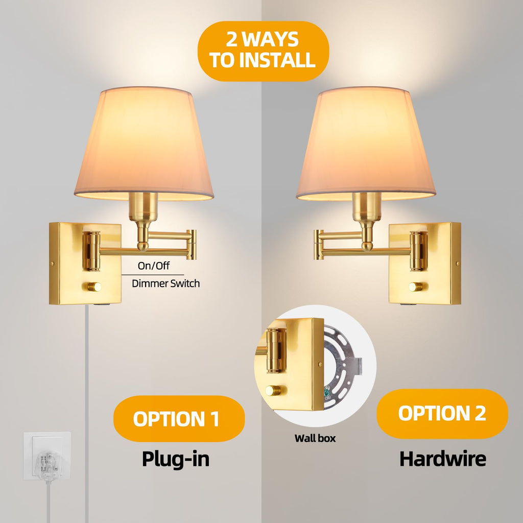 Gold Swing Arm Wall Lamp White Fabric Shade Plug in or Hardwired
