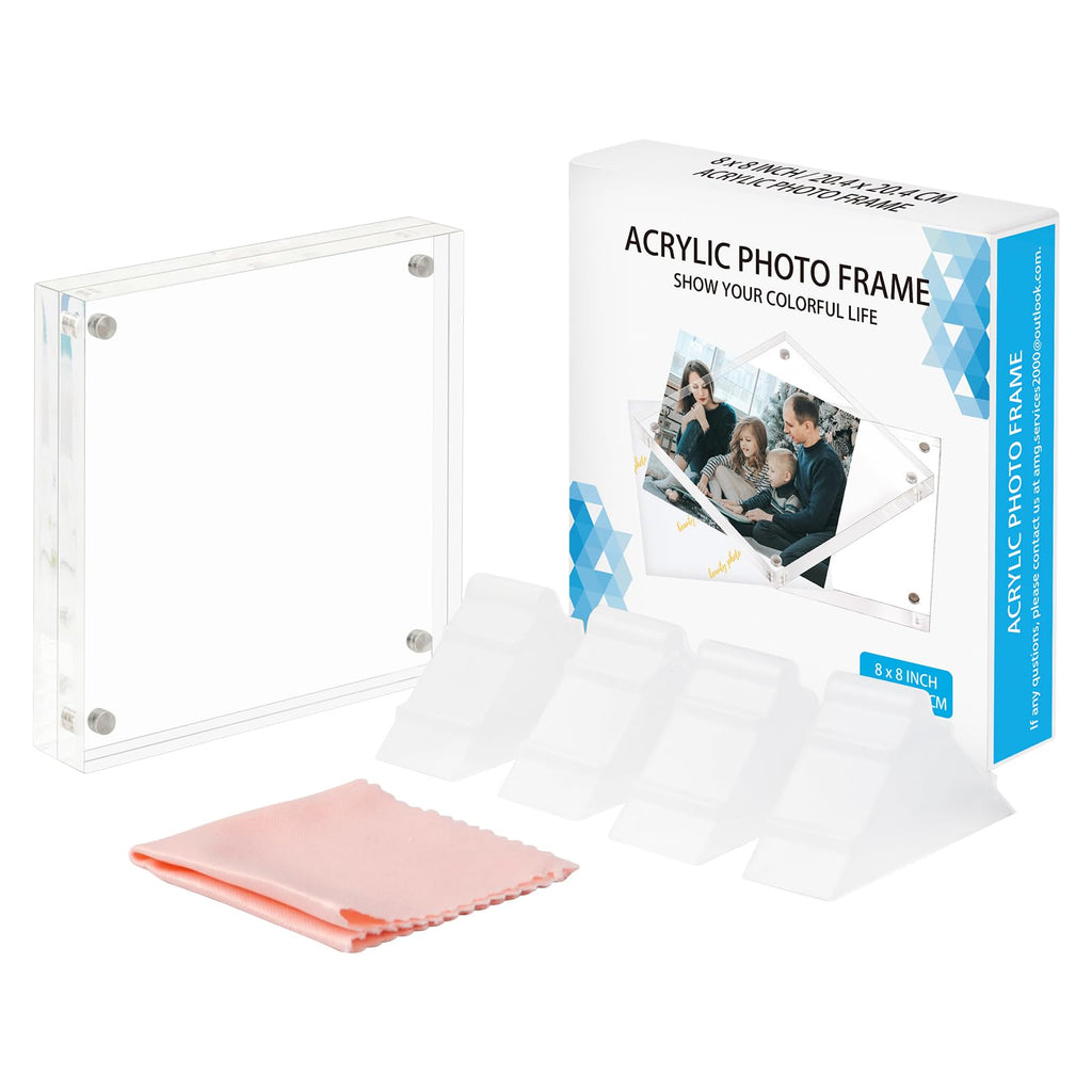 8x8 Acrylic Picture Frames, 20mm Thicker Square Frameless Clear Frame Double Sided Magnetic Frame, Free Standing