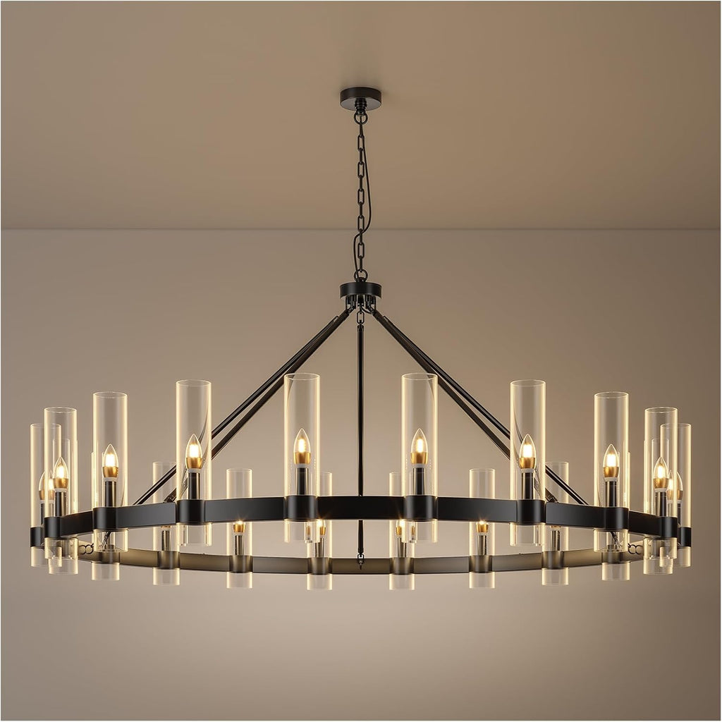 20-Lights Black Wagon Wheel Chandelier Modern Farmhouse with Glass Shade, 60 Inch Large Round Industrial High Ceilings Pendant Lighting Fixture for Dining Living Room, Kitchen Island, Foyer A115-B0CDY1VWGS