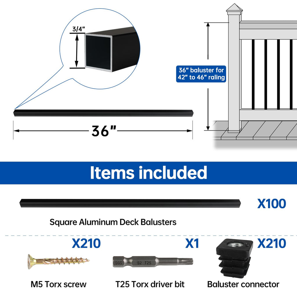 100 Pack 36" Black Aluminum Square Deck Balusters WT13