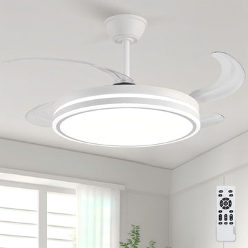 Retractable Ceiling Fans with Lights and Remote, 42 Inch White Chandelier LED Fan, 20W Energy Saving,Memory