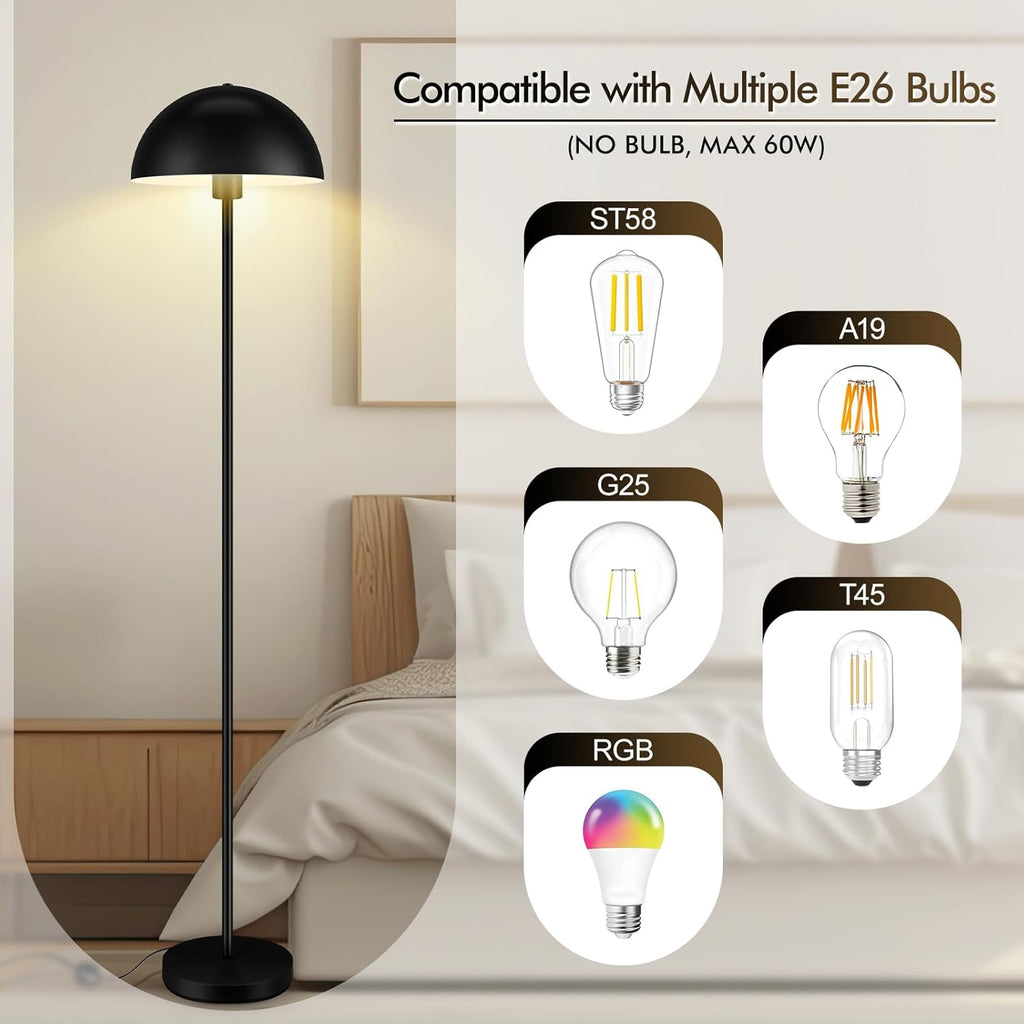 Floor Lamp, Industrial Black Floor Lamps, 65.6in Standing Lamp, Retro Mushroom Dome Shade, Whole Metal, E26 Socket