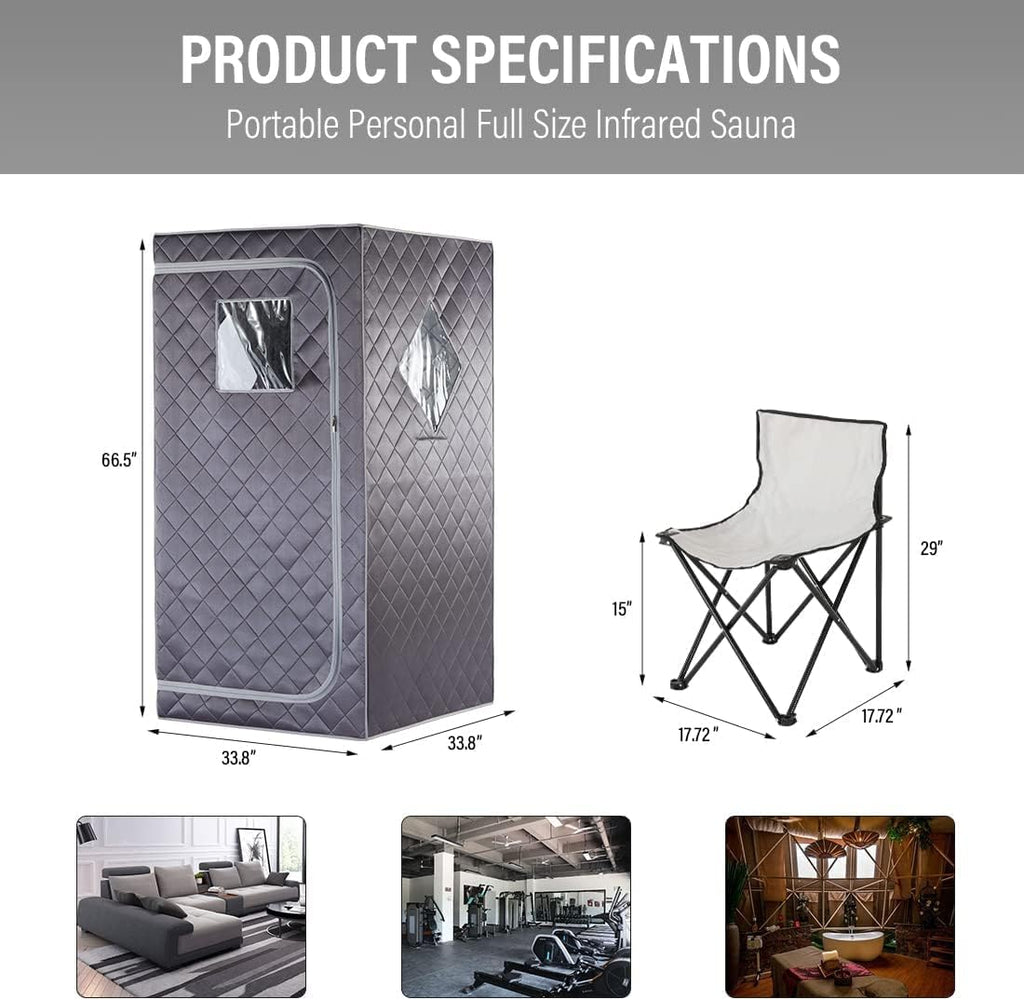 Full Size Portable Personal Infrared Sauna for Home, Personal Home Spa Tent with Remote Control, Heating Foot Pad, Foldable Reinforced Chair (Grey, L33.8 x W 33.8" x H 66.5") A129-B0BLP2LR4X