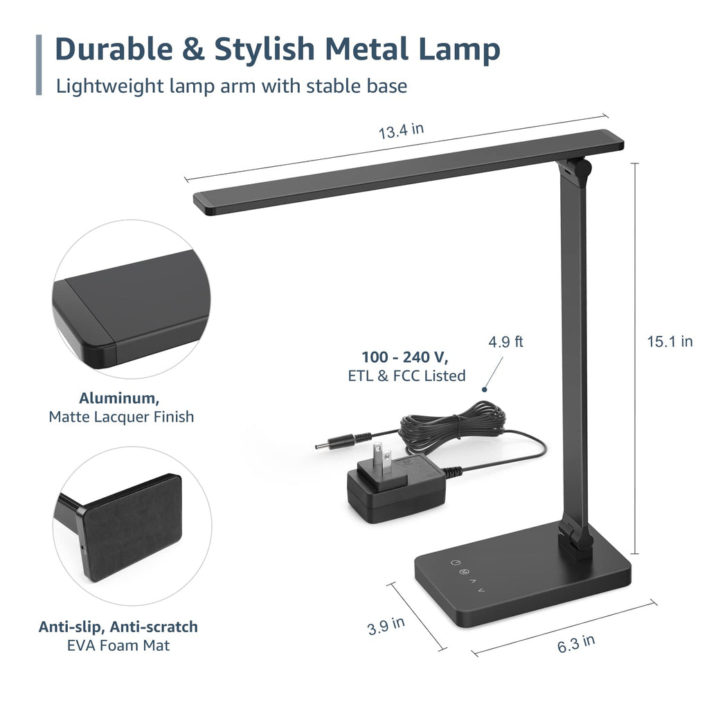Desk Lamp with USB Charging Port, 650LM 9.5W, Black