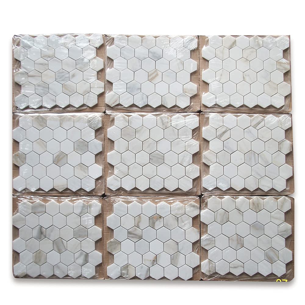 Calacatta Gold Marble 2 inch Hexagon Mosaic Tile Honed Kitchen Bath Wall Floor Backsplash Shower (1 Sheet)