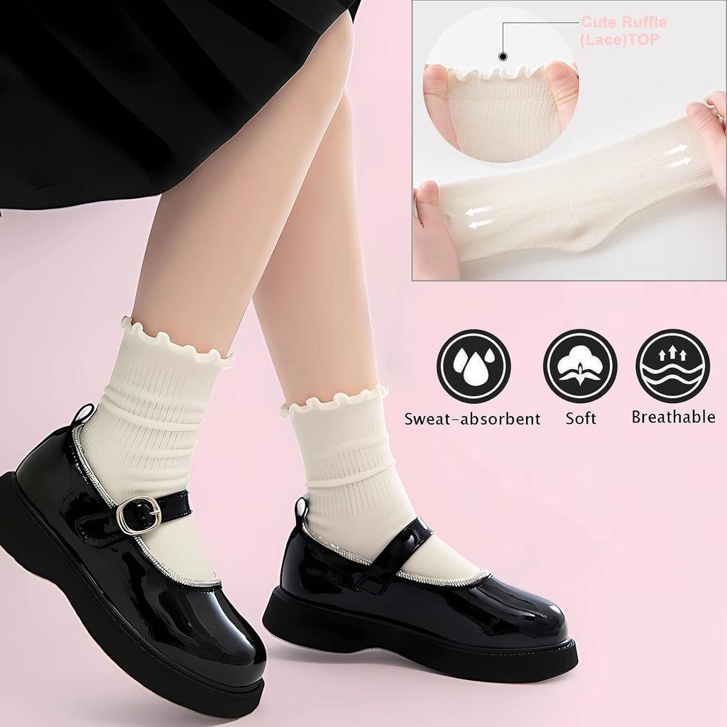 10 Pairs Ruffle Socks for Girls Uniform School Frilly Dress Cotton Crew Sock