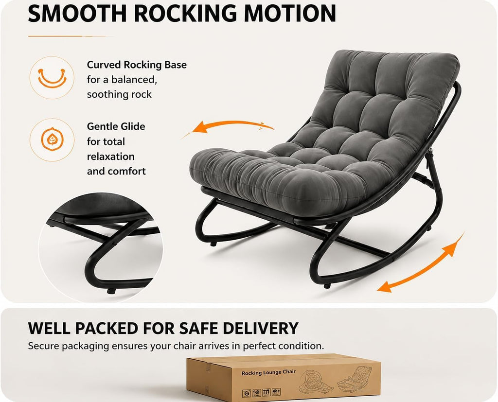 Outdoor Papasan Rocking Chair with Thick Cushion, 450 lb Capacity | Curved lounge profile, neutral gray finish and