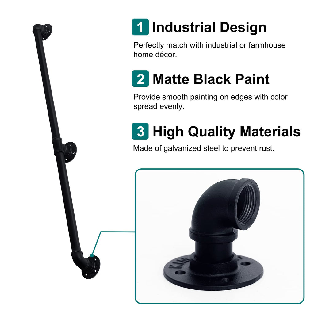 5FT Industrial Pipe Wall Handrail, Farmhouse Stairway Railing with 1-1/4 Inch Outer Diameter Pipe, Vintage Style