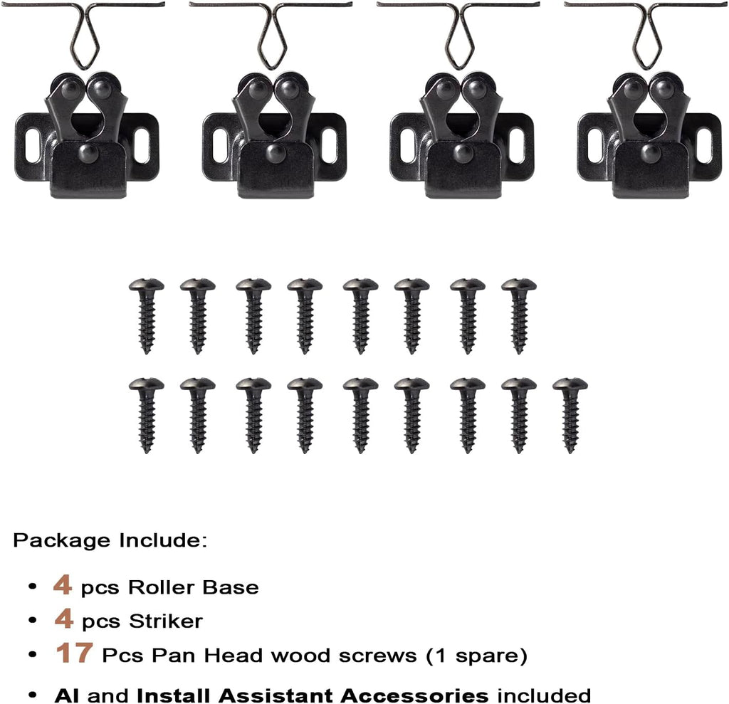 4 PCS Cabinet Latch Double Roller Catch Hardware Door Latches and Catches, Black Nickel