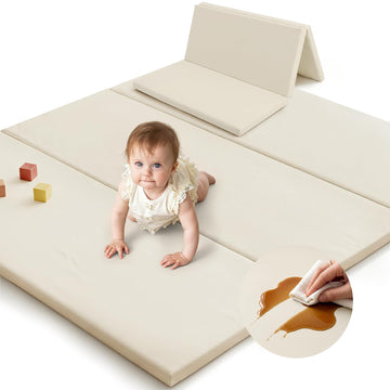 Foldable Baby Play Mat,Vegan Leather 47x47 Baby Mat for Floor,Beige