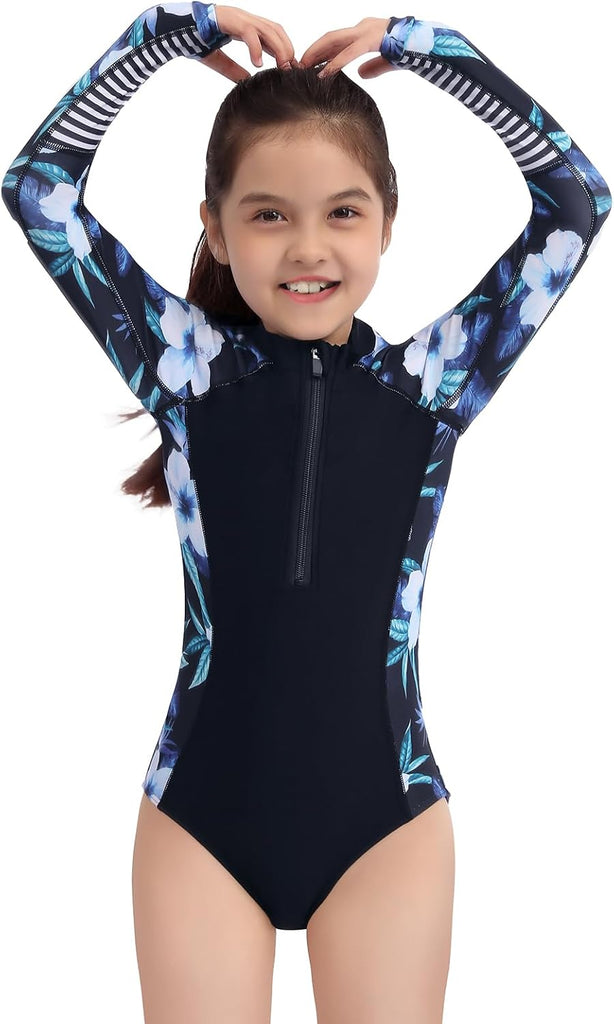 Girls Long Sleeve Rashguard Swimsuit UV Protection One-Piece Swimwear Bathing Suit