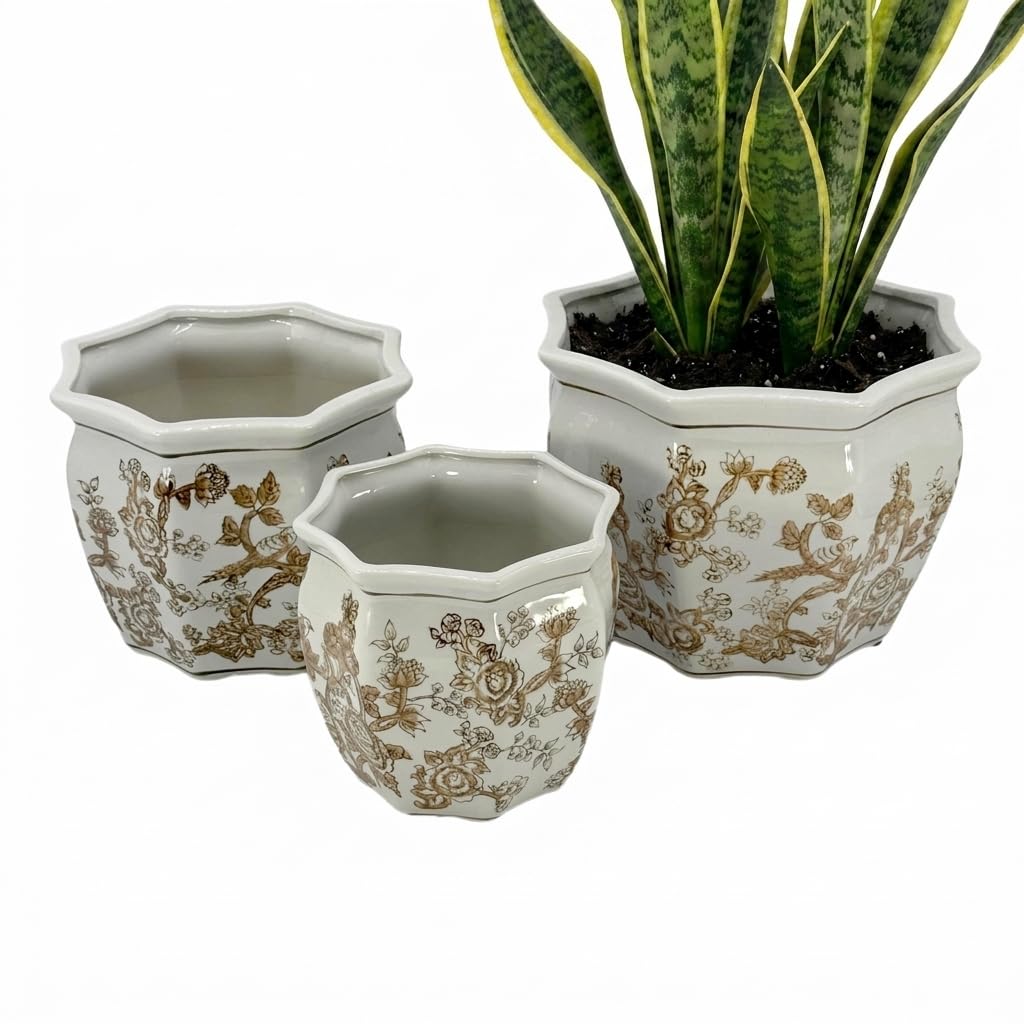 Brown & White Round Fluted Floral Porcelain Ceramic Plant Flower Planter Pot Set of 3 (7.5", 10", 13") Garden Pots