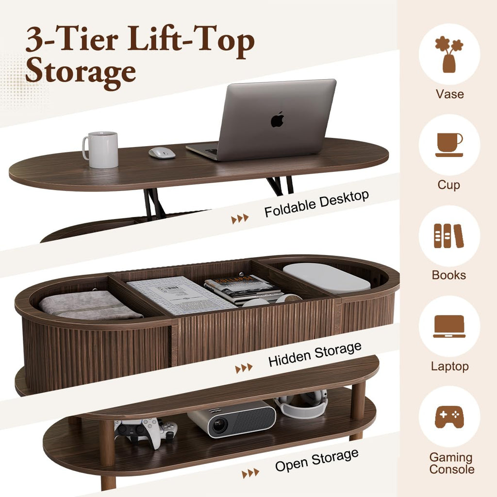 Oval Lift Top Coffee Table with Storage, 41" Fluted Coffee Table with Open Shelf, Mid Century Modern Center Table