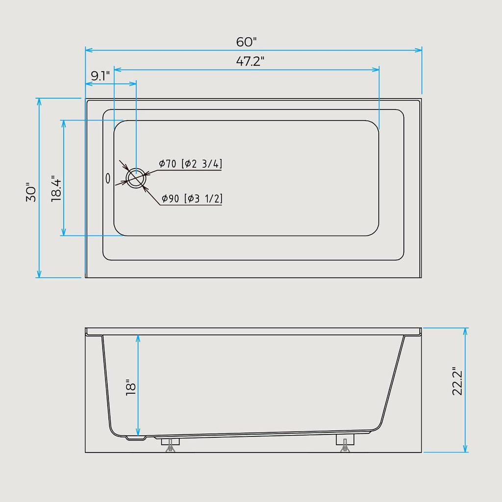 60 Inch Alcove Soaking Bathtub, Rectangular Acrylic Tub with Integral Apron, Left Drain, Glossy White Finish, Brushed