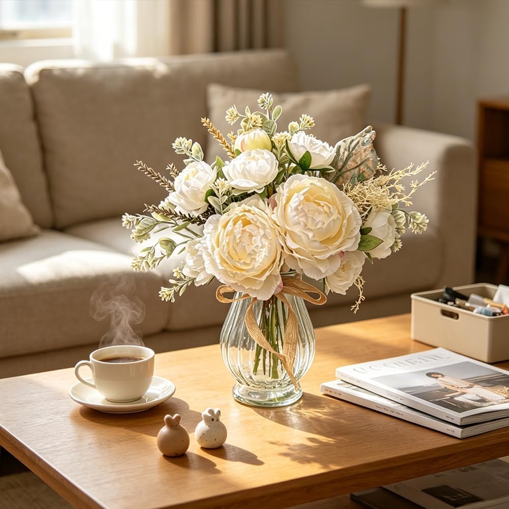 Faux Peonies White Artificial Flowers with Vase, 12.9''