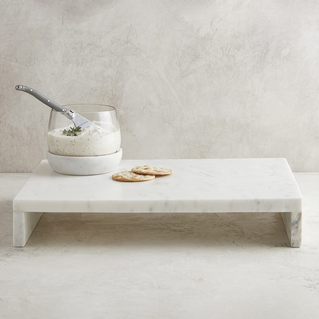 Waterfall Marble Tray - Elegant Table Display Riser Charcuterie Cheese Board Footed Stand, 14" x 10", White