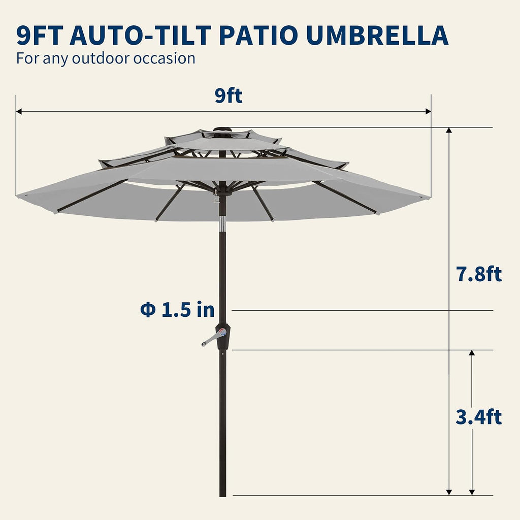 9FT 3 Tiers Patio Umbrella With Auto Tilt And Crank, Outdoor Table Market Umbrella with 8 Sturdy Ribs and Pool