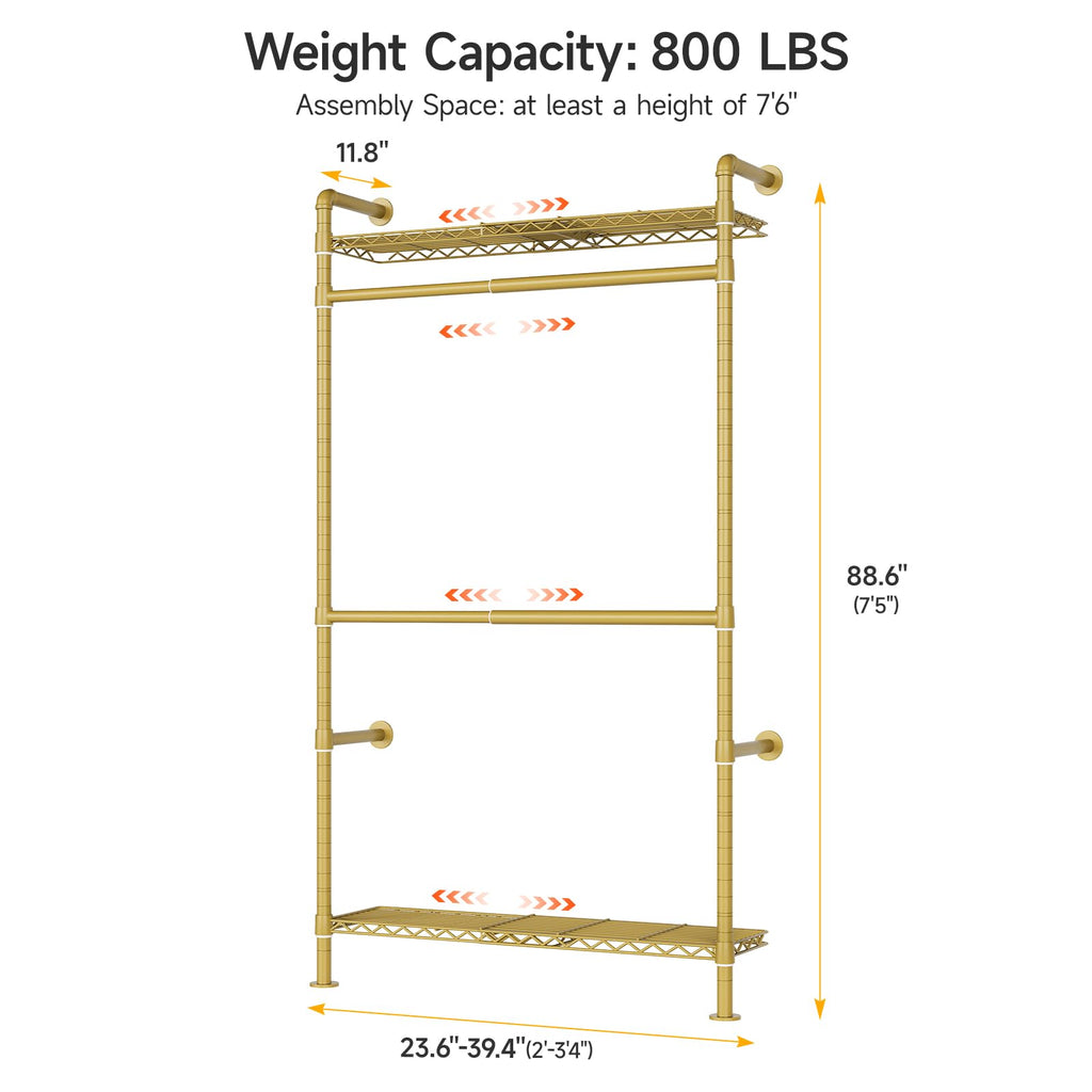 H1 Plus Expandable Wall Mounted Closet System Clothes Rack, Gold