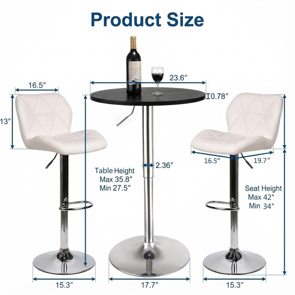 Bar Table and Chairs Set of 3 Swivel Black Table & White Stool