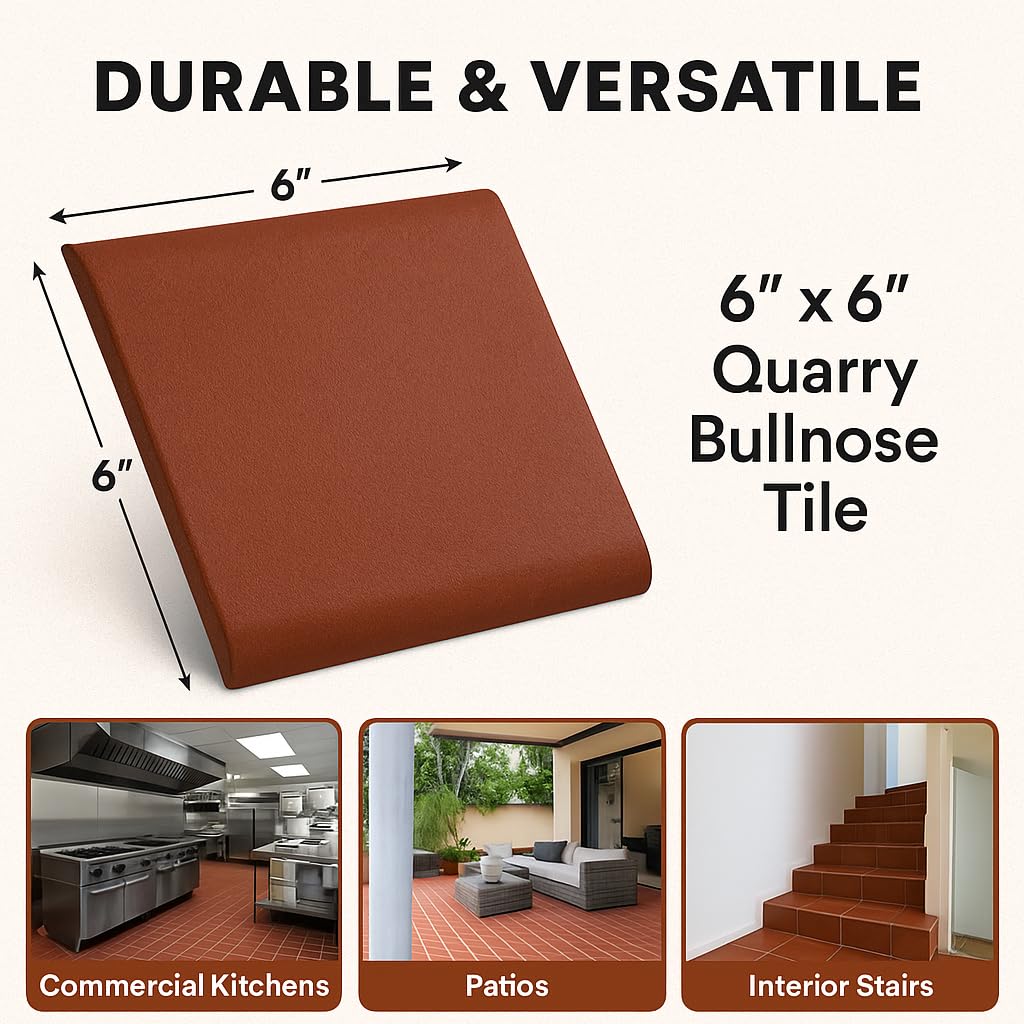 6x6 Colonial Red Smooth Quarry Bullnose Tile - Rounded Edge Ceramic Trim for Commercial Kitchen, Restaurant, Stair &