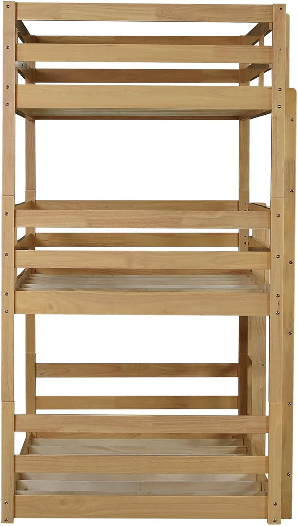 Triple Twin Bunk Bed, Solid Rubberwood 3-Tier Bed with 2 Ladders & Guardrails