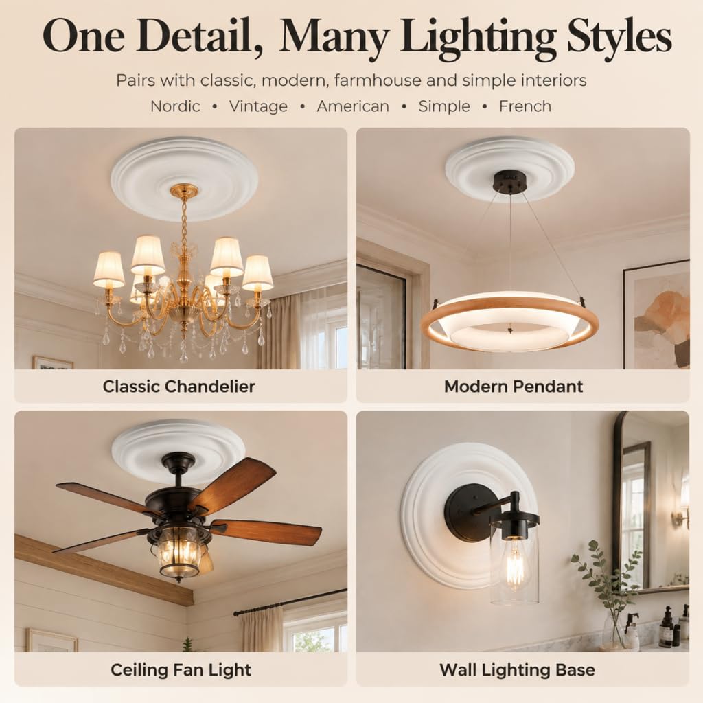 White Decorative Round Ceiling Medallion 1PCS, 12" OD