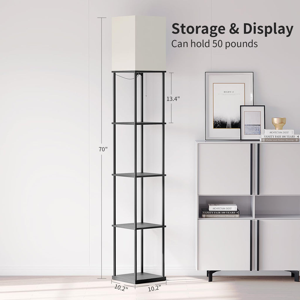 5 Tier Floor Lamp with Shelves, Modern Square Standing Lamp with 3 Color Temperature Bulb, Corner Display Bookshelf