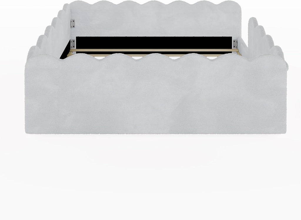 Upholstered Floor Bed with Guardrail, Montessori Kids Bed Frame with Round Fence, Light Gray