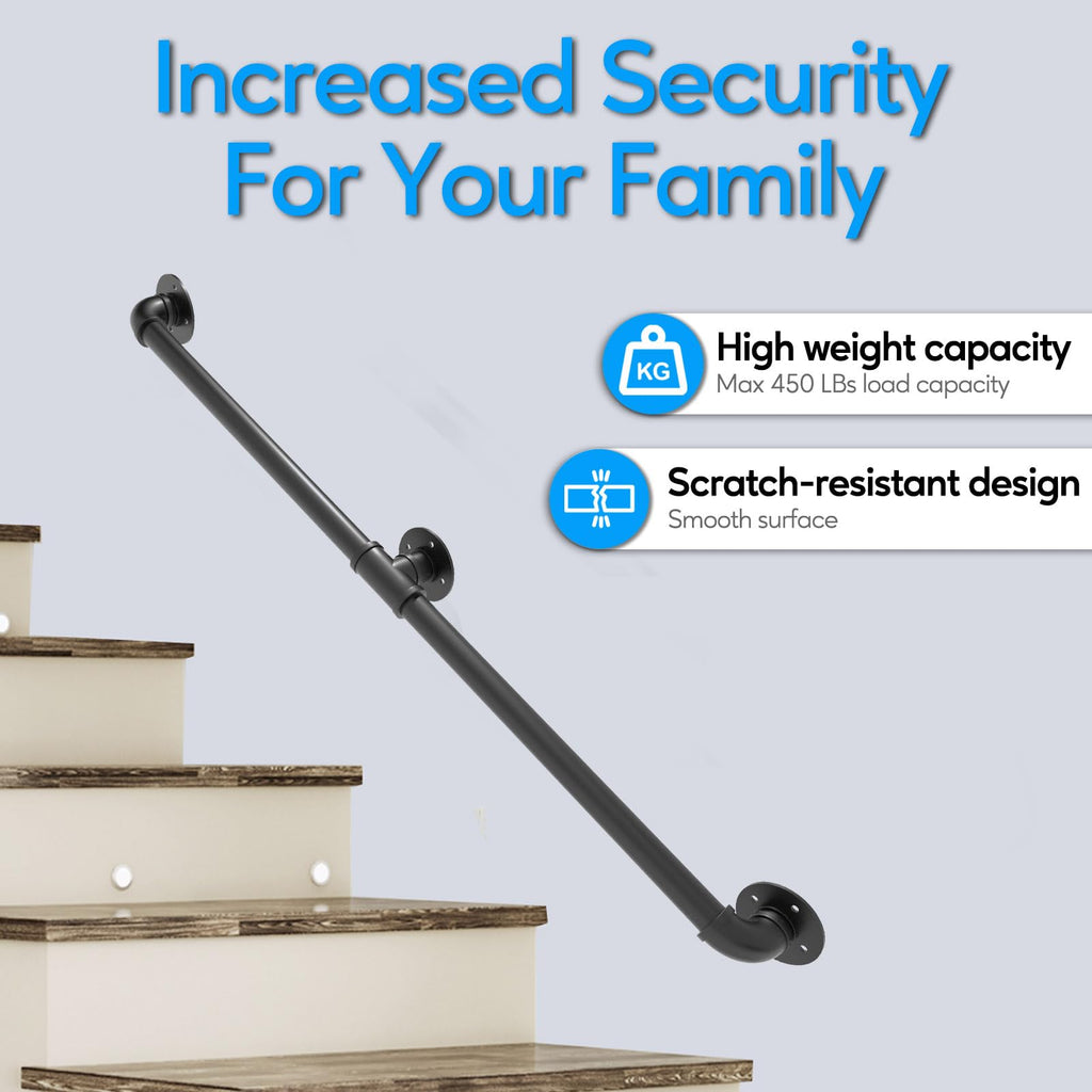 Pipe Stair Handrail, 3 Ft Metal Staircase Handrail, Black Galvanized Industrial Iron Hand Rail for Indoor & Outdoor