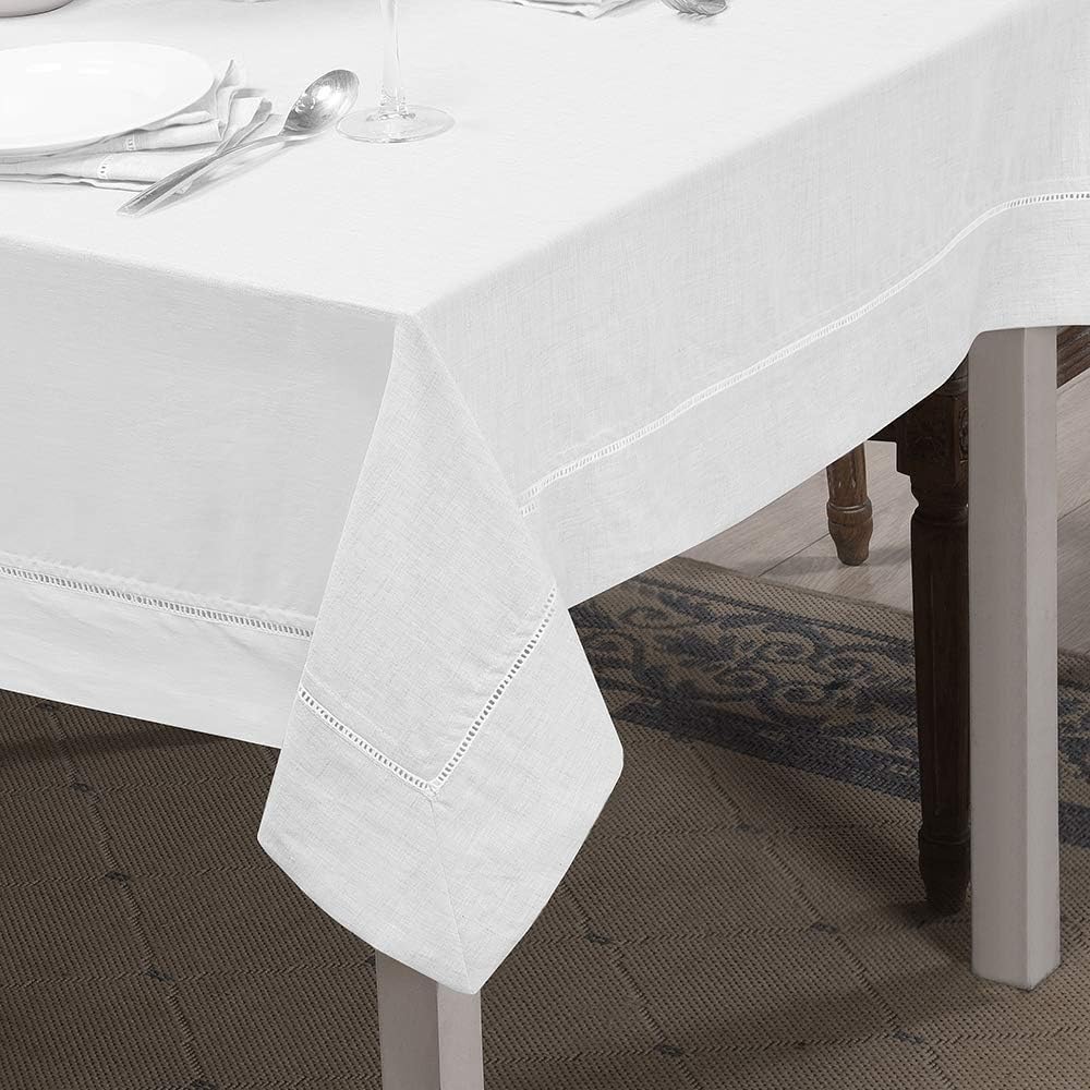Premium 100% Linen Hemstitch Tablecloth-60 x 104 Inch White, Natural Fabric, Rectangular Tablecloth 