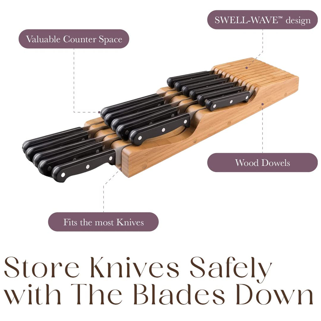 100% Pure Bamboo Knife Drawer Organizer, Knife Block - 16 Slots