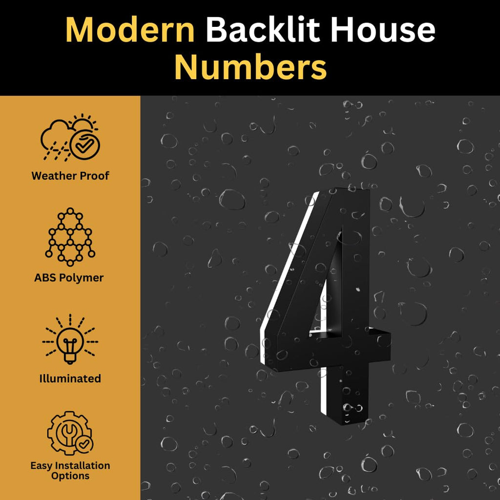 5 Inch Backlit LED House Number, 5000K White, ABS Polymer (4, Black)