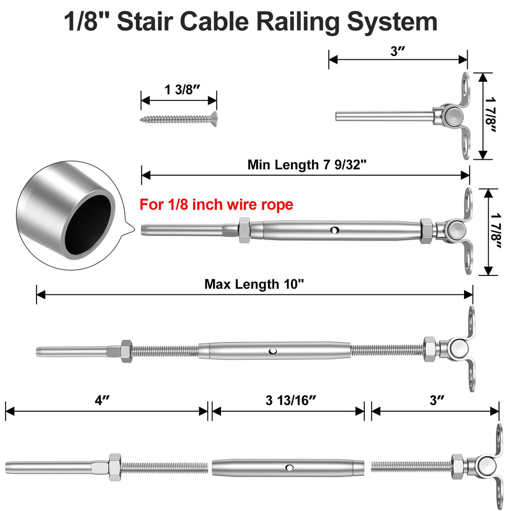 10 Pairs 1/8" Cable Railing Kit Swage Toggle Turnbuckle Hardware