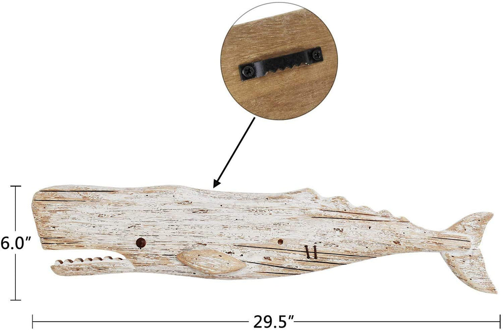 Hanging Wooden Whale Wall Art Ornament, Rustic Decorative Figurine Carving Sculpture, Nautical Ocean Beach Coastal